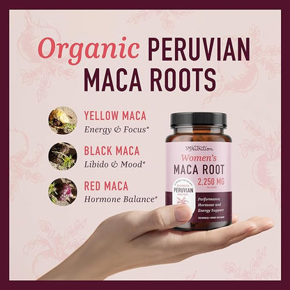 Organic Maca Root Capsules for Women | Peruvian Maca 2250MG Extra Strength | Red, Black & Yellow Root Powder with Black Pepper | Herbal Supplement to Support Energy & Hormone Balance | 120 Ct