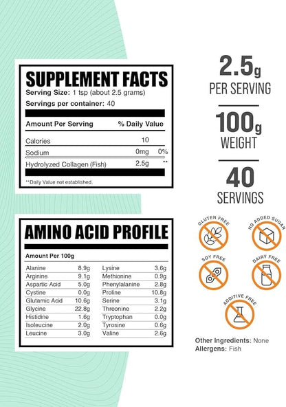 BulkSupplements.com Marine Collagen Powder - Collagen Supplement, Hydrolyzed Collagen Powder, Marine Collagen Peptides Powder - Fish Collagen Powder, 2500mg per Serving, 100g (3.5 oz)