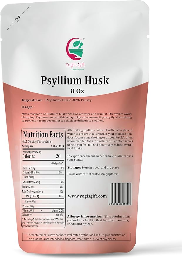 Psyllium Husk Whole 8 oz | 98% Purity | Soluble Fiber Supplement | Keto Friendly | Use in Smoothies, Cooking and Baking | Unflavored, Fine Ground, 100% Natural, Non GMO | by Yogi's Gift®