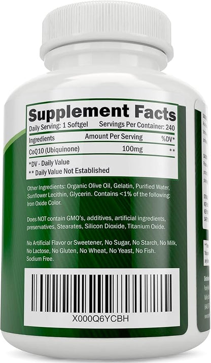 Purely Holistic CoQ10 100mg - 240 SoftGels - 8 Month Supply - Ubiquinone Coenzyme Q10 Supplement - with Organic Olive Oil - Soy Free Co Q 10 - Made in The USA