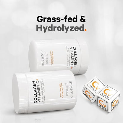 Codeage Collagen Peptides Powder + Vitamin C - 20g Grass-Fed Collagen Per Serving - Digestive Enzymes, Hyaluronic Acid, 18 Amino Acids - Hydrolyzed Collagen Protein - Non-GMO, Unflavored - 9.98 oz