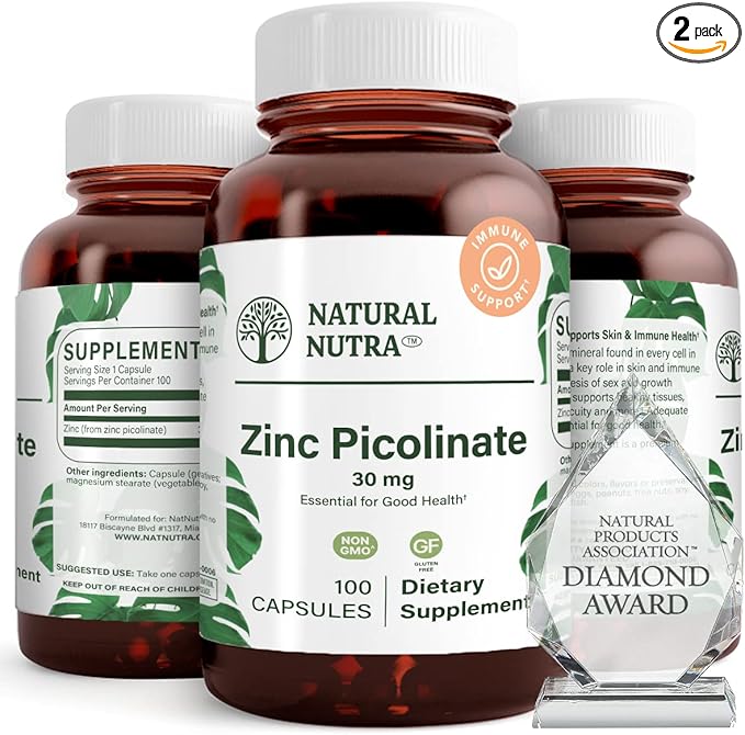 Natural Nutra Zinc Picolinate 30 mg, Double Strength, Raw and Pure, Highly Bioavailable Supplement for Growth & Immunity, Helps Promote Skin Health, Support Metabolic System, 100 Capsules (2 Pack)