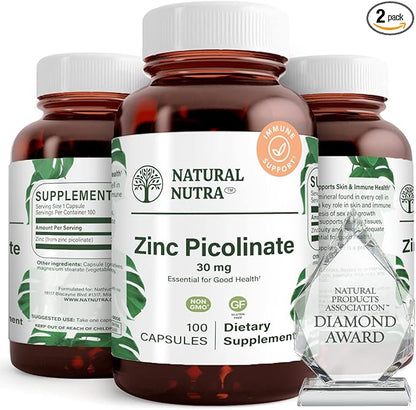 Natural Nutra Zinc Picolinate 30 mg, Double Strength, Raw and Pure, Highly Bioavailable Supplement for Growth & Immunity, Helps Promote Skin Health, Support Metabolic System, 100 Capsules (2 Pack)