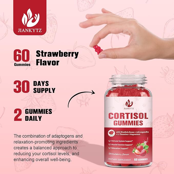 Cortisol Gummies for Women with Ashwagandha, Rhodiola Rosea, L-Theanine, Magnesium, Vitamin D3 for Zzz Support, Balanced Cortisol, Vegan, 60 Gummies
