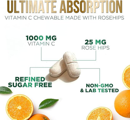 Chewable Vitamin C 1000mg - Extra Strength Antioxidants for Powerful Immune Support w/Vitamin C & Rose HIPS - Potent Dietary VIT C Chews Supplement, Natural, Vegan - Tasty Orange Flavor - 60 Tablets