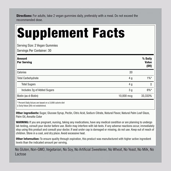 Piping Rock Biotin 10000mcg Gummies | 60 Count | Hair Skin and Nails | Vegan Formula | Peach Flavor | Premium Vitamin Supplement | Non-GMO, Gluten Free