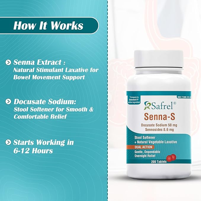 Safrel Senna-S (200 Tablets) Dual Action Natural Vegetable Laxative Stool Softener | Relieves Constipation, Gas, Bloating | Gentle on Stomach | Safe Digestive Support (Generic Senokot-S) | Value Pack
