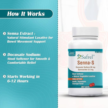 Safrel Senna-S (200 Tablets) Dual Action Natural Vegetable Laxative Stool Softener | Relieves Constipation, Gas, Bloating | Gentle on Stomach | Safe Digestive Support (Generic Senokot-S) | Value Pack