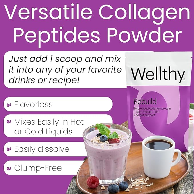 Wellthy Collagen Peptides Protein Powder - Grass Fed Hydrolyzed Collagen for Hair Growth, Skin, Nails, Gut and Joint Support - 20,000mg Collagen & 18g Protein | Unflavored (15 Servings)