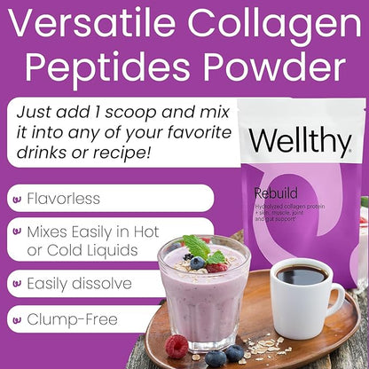 Wellthy Collagen Peptides Protein Powder - Grass Fed Hydrolyzed Collagen for Hair Growth, Skin, Nails, Gut and Joint Support - 20,000mg Collagen & 18g Protein | Unflavored (15 Servings)