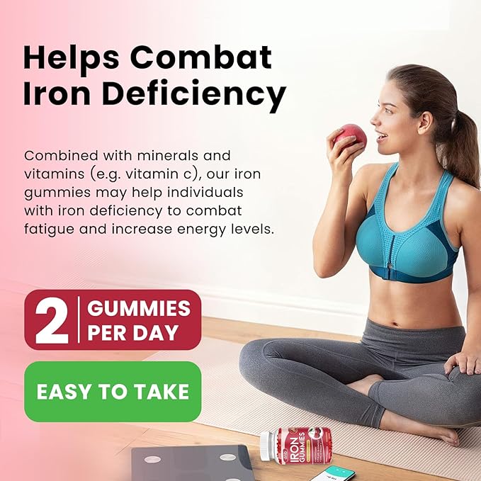 Iron Gummies with Multivitamin, Iron Supplement for Women & Men with Zinc, Vitamin B Complex & C, B12, Folate - Blood Builder & Energy Support for Adults & Kids - Cherry Flavor, Vegan 60 Gummies