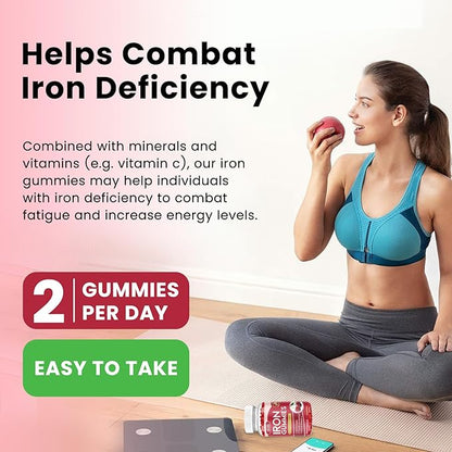 Iron Gummies with Multivitamin, Iron Supplement for Women & Men with Zinc, Vitamin B Complex & C, B12, Folate - Blood Builder & Energy Support for Adults & Kids - Cherry Flavor, Vegan 60 Gummies
