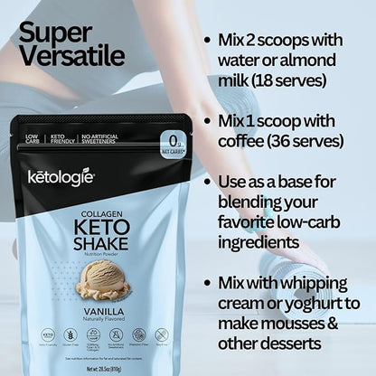 Keto Collagen Shake (Vanilla) - with Coconut Oil, Prebiotics, Grass Fed Hydrolyzed Collagen Peptides Type I & III, Low Carb, Gluten Free,1.78lbs.