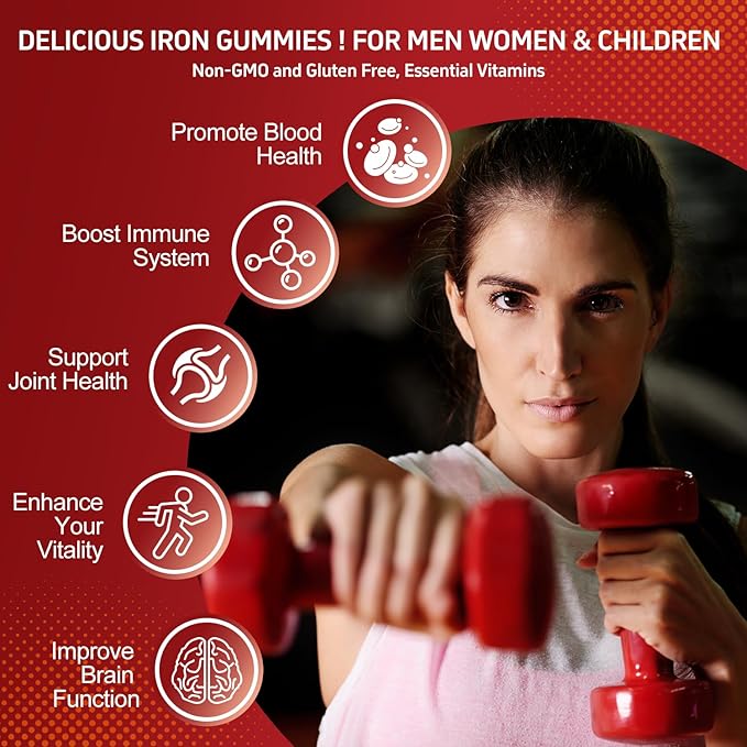 Iron Supplement Gummies, 65mg Iron and 250mg Vitamin C for Women Men Kids, Natural Vegan Iron Gummy with Vitamin A, B-Complex, Biotin, Zinc & Folate Energy Support & Immune Health, 60 Gummies