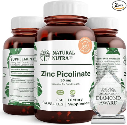 NNatural Nutra Zinc Picolinate 30 mg, Double Strength, Raw and Pure, Highly Bioavailable Supplement for Growth & Immune Support, Decrease Common Cold and Support Metabolic System 250 Capsule (2 Pack)