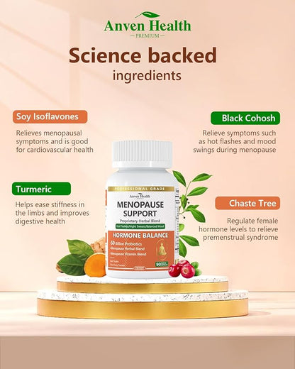 Menopause Supplements for Women Menopause Probiotics Relief, Supports Hot Flashes, Night Sweats, Bloating & Gut Health with Herbs, Collagen Peptides, Vitamin B6 & D3 | 90 Veggie Caps