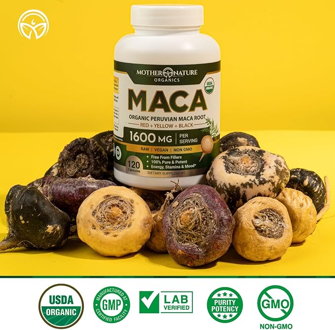 Mother Nature USDA Organic Maca Root Capsules, Black + Red + Yellow Peruvian Maca for Women & Men 1600mg - Supports Mood, Hormonal Balance Reproduction & Energy - Vegan Pills (120ct)