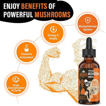 Liposomal Mushroom Complex Drops 2000 MG - 20 Organic Mushroom Extracts - Advanced Liquid Formula for Immunity, Cognitive and Memory - Lions Mane Supplement, Reishi, Cordyceps, Chaga, 300 Servings