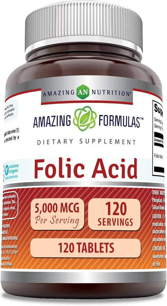 Amazing Formulas Folic Acid (Vitamin B9) Supplement | 5000 Mcg per Serving | 120 Tablets | Non-GMO | Gluten-Free | Made in USA