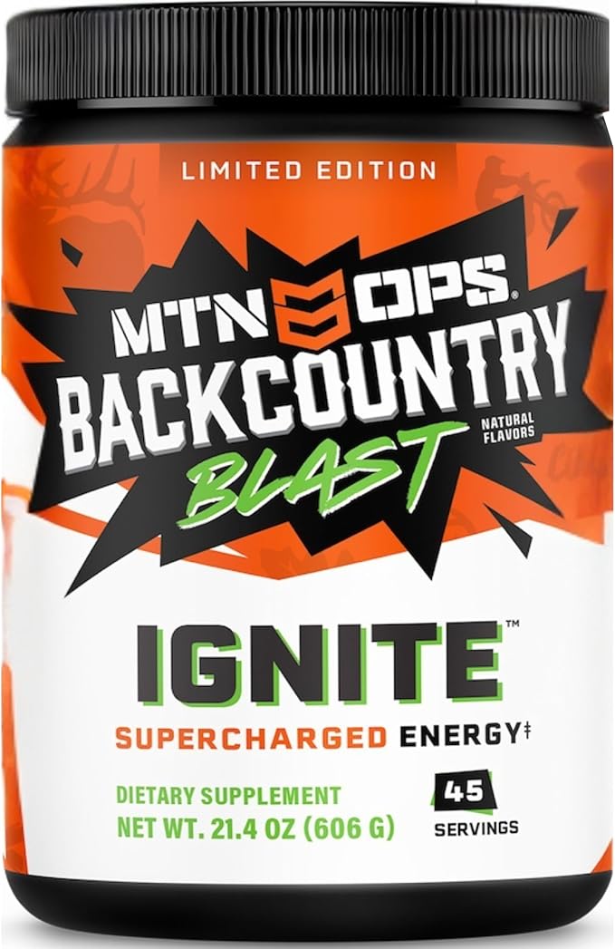 MTN OPS Ignite Energy Drink Powder, Gluten Free Nitric Oxide Supplement Drink Mix, L Arginine, L Citrulline, Caffeine & Nootropic Sugar Free Drink Mix, 45 Servings, Backcountry Blast