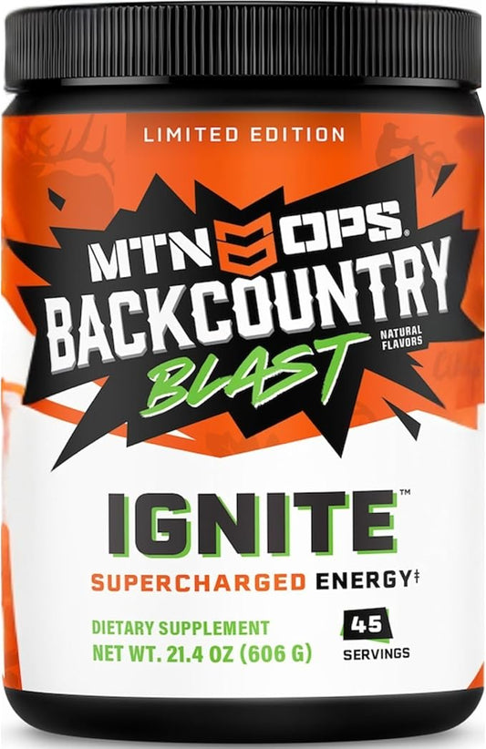 MTN OPS Ignite Energy Drink Powder, Gluten Free Nitric Oxide Supplement Drink Mix, L Arginine, L Citrulline, Caffeine & Nootropic Sugar Free Drink Mix, 45 Servings, Backcountry Blast