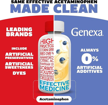 Genexa Kids’ Clean Pain & Fever Acetaminophen, Dye Free, 0% Artificial Additives, Delicious Organic Blueberry Flavor, Liquid Oral Suspension Medicine for Children 2-11, 160 mg per 5mL, 4 fl oz
