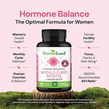 Myo-Inositol & D-Chiro Inositol Supplement for Women's Health | Fertility Supplements Women | Inositol 40:1 Ratio Support Ovarian Function & Healthy Hormone Balance Women | 2050mg | 120 Powder Caps