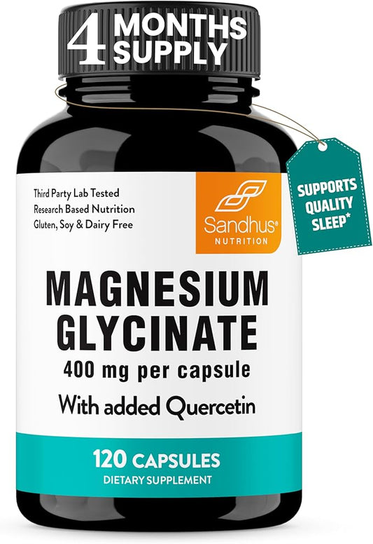Sandhu's Magnesium Glycinate with Quercetin Capsules for Men & Women | Supports Immunity, Bone Health and Quality Sleep | 120 Count