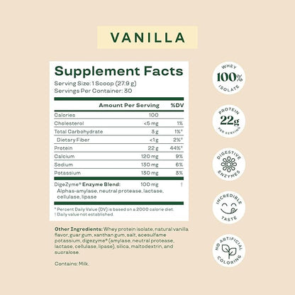 Bloom Nutrition Whey Isolate Protein Powder, Vanilla - Pure Iso Post Workout Recovery Drink Blend, Smoothie Mix with Digestive Enzymes for Gut Health - Low Carb, Keto & Zero Sugar Added