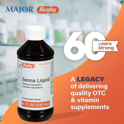 Rugby 8.8 mg Senna Liquid - Made with Natural Vegetable Laxative Sennosides - Promotes Occasional Constipation Relief - Chocolate Flavored - 8 Fl. Oz.