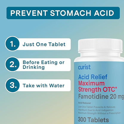 Curist Famotidine 20mg Bulk Pack (300 Count Tablets) Acid Reflux Medicine for Heartburn Relief - OTC Maximum Strength Stomach Acid Reducer - Anti Acid Relief Tablets for Indigestion Heartburn Relief