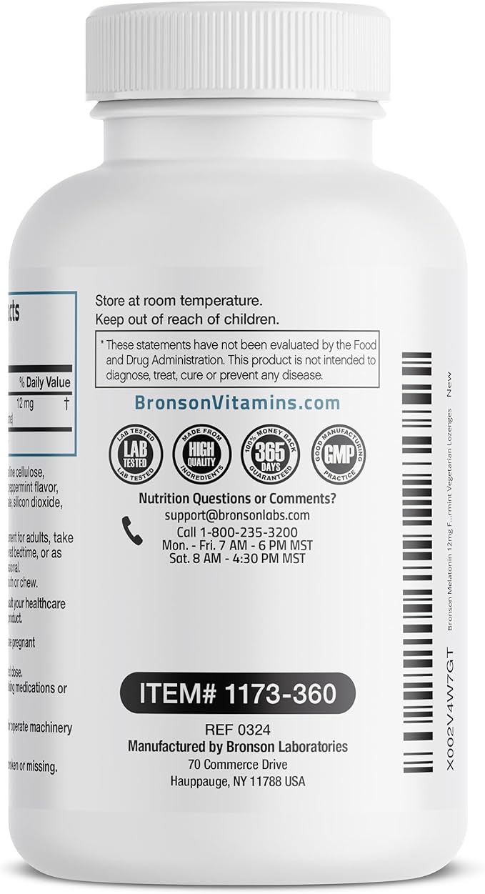 Bronson Melatonin 12mg Fast Dissolve Nighttime Sleep Aid Support & Relaxation Support, 360 Peppermint Vegetarian Lozenges