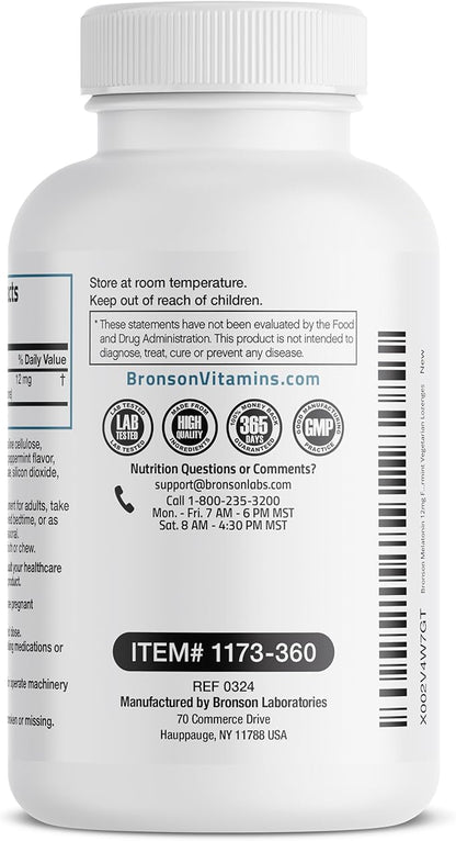 Bronson Melatonin 12mg Fast Dissolve Nighttime Sleep Aid Support & Relaxation Support, 360 Peppermint Vegetarian Lozenges