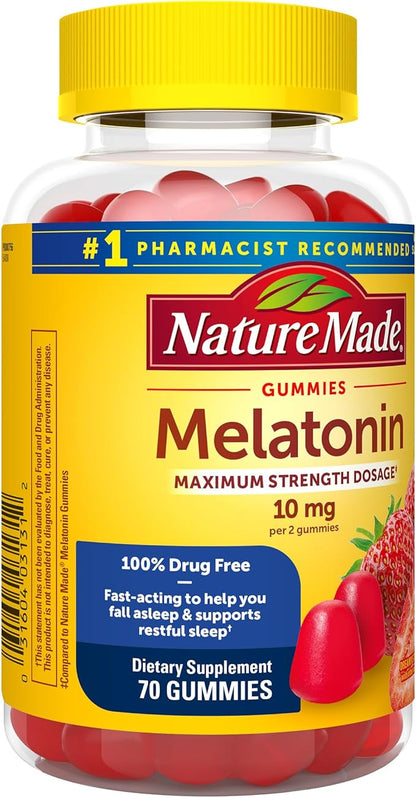 Nature Made Melatonin 10mg per serving Gummies for Adults, Maximum Strength Dosage Sleep Aid, 100% Drug Free, 70 Count Melatonin Gummies, 35 Day Supply