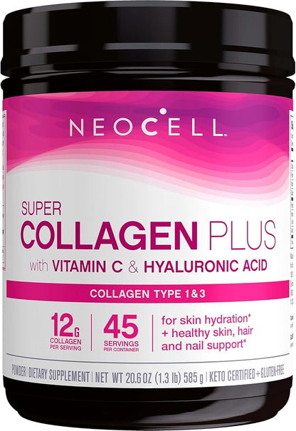 NeoCell Super Collagen Powder, Collagen Plus includes Vitamin C & Hyaluronic Acid, Promotes Healthy Hair, Beautiful Skin, & Nail Support, Collagen Type 1 & 3, 12g Collagen per Serving, 20.6 Oz