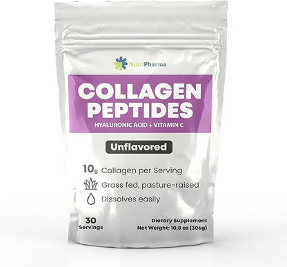 Collagen Peptides Powder with Hyaluronic Acid and Vitamin C, Promotes Hair, Nail, Skin, Bone and Joint Health, Unflavored Collagen Protein Powder, 30 Servings, 10,8 oz