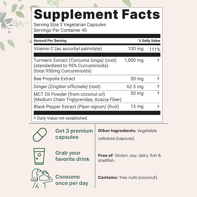 Pure Turmeric Curcumin Supplement 1,000mg | 95% Curcuminoids | 120 Veggie Capsules | Joint Support with Bee Propolis, MCT Oil, Fat-Soluble Vitamin C & Black Pepper for Better Absorption | Filler Free