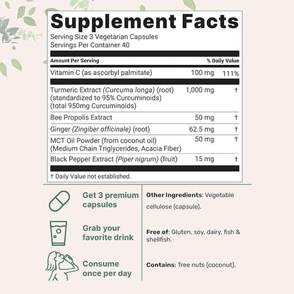 Pure Turmeric Curcumin Supplement 1,000mg | 95% Curcuminoids | 120 Veggie Capsules | Joint Support with Bee Propolis, MCT Oil, Fat-Soluble Vitamin C & Black Pepper for Better Absorption | Filler Free