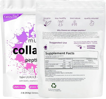 Multi Collagen Peptides Powder - Hydrolyzed Collagen Types I, II, III, V, X for Skin, Hair, Nails & Joint Support - Unflavored, Gluten-Free, Easy to Mix - Non-GMO, Paleo Friendly 16oz (1 Pack)