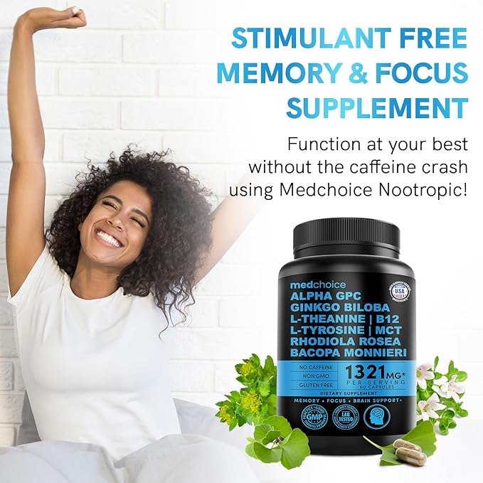 12-in-1 Nootropic Ginkgo Biloba for Brain Support, Memory and Focus - B12, Alpha GPC, L Theanine and Choline Supplements with Bioperine Non Caffeinated 1321mg (60ct)