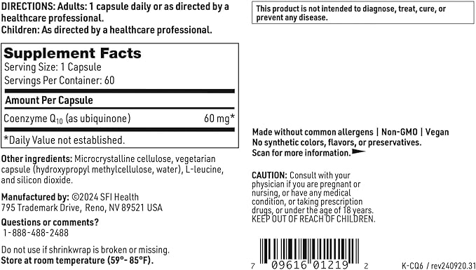 Klaire Labs Coenzyme Q10-60 Milligrams CoQ10 as Ubiquinone, Hypoallergenic Formula for Cardiovascular & Cellular Energy Support (60 Vegetarian Capsules)