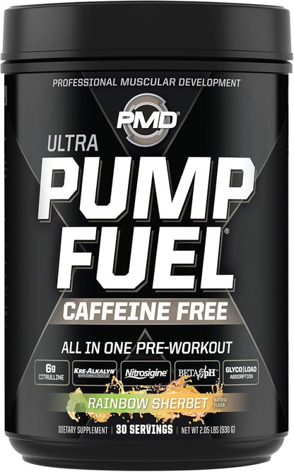 PMD Sports Ultra Pump Fuel Caffeine Free - Pre Workout – Rainbow Sherbet (30 Servings) Sports Omega Cuts Elite Thermogenic Fat Burner (90 Softgels)