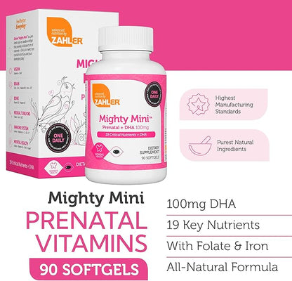 Zahler Mighty Mini Prenatal Vitamin with DHA & Folate - Certified Kosher - All Natural Prenatal Vitamins - Multivitamin for Pregnant Women - 19 Prenatal Vitamins Including Folic Acid (90 Softgels)
