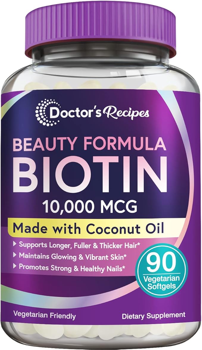 Doctor's Recipes Biotin 10,000 mcg, Hair Growth, Healthy Skin & Nails, Energy Metabolism, Vegetarian-Friendly Biotin, with Coconut Oil, Non-GMO, 3 Month Supply, 90 Vegetarian Softgels
