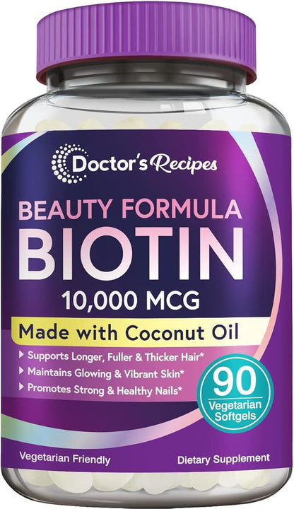 Doctor's Recipes Biotin 10,000 mcg, Hair Growth, Healthy Skin & Nails, Energy Metabolism, Vegetarian-Friendly Biotin, with Coconut Oil, Non-GMO, 3 Month Supply, 90 Vegetarian Softgels