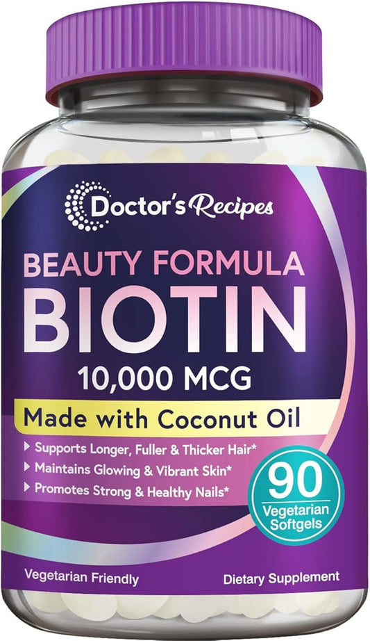 Doctor's Recipes Biotin 10,000 mcg, Hair Growth, Healthy Skin & Nails, Energy Metabolism, Vegetarian-Friendly Biotin, with Coconut Oil, Non-GMO, 3 Month Supply, 90 Vegetarian Softgels