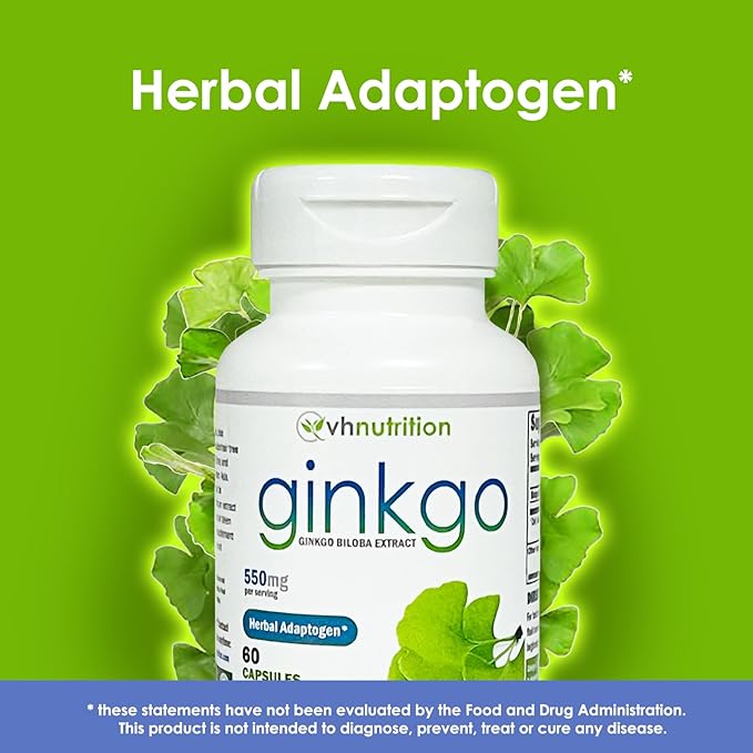 VH Nutrition Ginkgo BILOBA | 550mg Standardized Extract Supplements | Cognitive and Memory Support* | Boost Mental Clarity and Focus | Brain Health Supplement | 60 Capsules