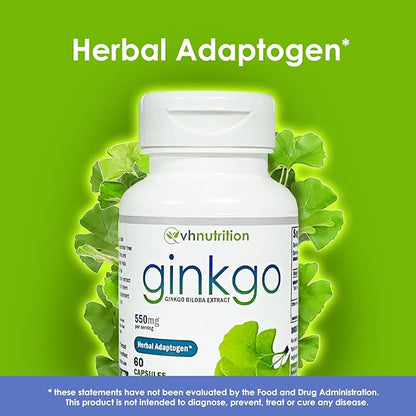 VH Nutrition Ginkgo BILOBA | 550mg Standardized Extract Supplements | Cognitive and Memory Support* | Boost Mental Clarity and Focus | Brain Health Supplement | 60 Capsules
