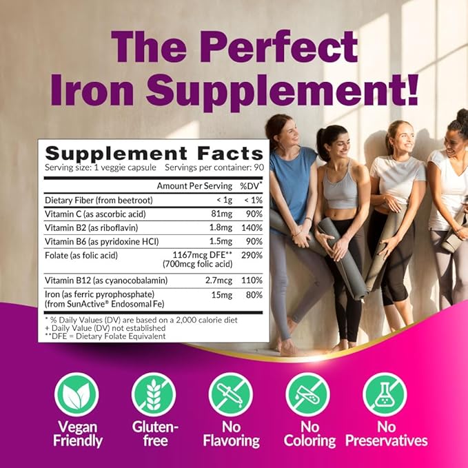 LABO Nutrition Femme Iron Endosomal SunActive, Non-Irritating 15mg Iron Supplement for Blood Builder, Vegan, Gentle, No Metallic Aftertaste, Non Constipating, Ideal for Sensitive Stomachs, 90 Count