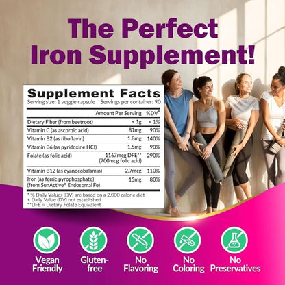 LABO Nutrition Femme Iron Endosomal SunActive, Non-Irritating 15mg Iron Supplement for Blood Builder, Vegan, Gentle, No Metallic Aftertaste, Non Constipating, Ideal for Sensitive Stomachs, 90 Count